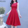 Women's Summer Casual Round Neck Sleeveless Solid Color Waist Dress