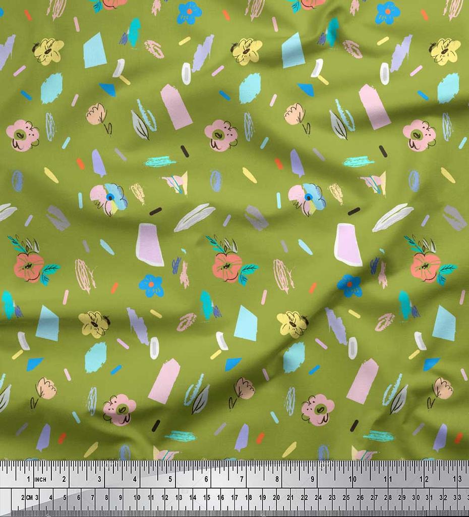 Soimoi Green Japan Crepe Satin Fabric Brush Stroke & Artistic Floral Print Fabric by the Metre 42 Inch