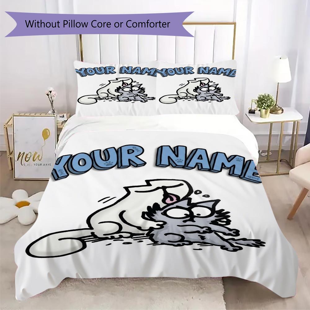Custom Name Simon‘s cat Pattern Bedding uilt Set uilt Cover Pillowcase Home Decoration Birthday Gift (1*duvet cover+2*pillowcase without core)