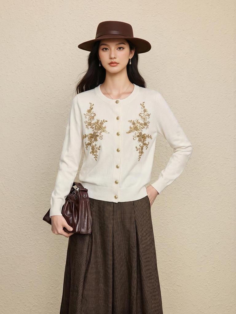 Autumn 2026 Women's Hand-Embroidered Beaded Wool Cardigan Sweater