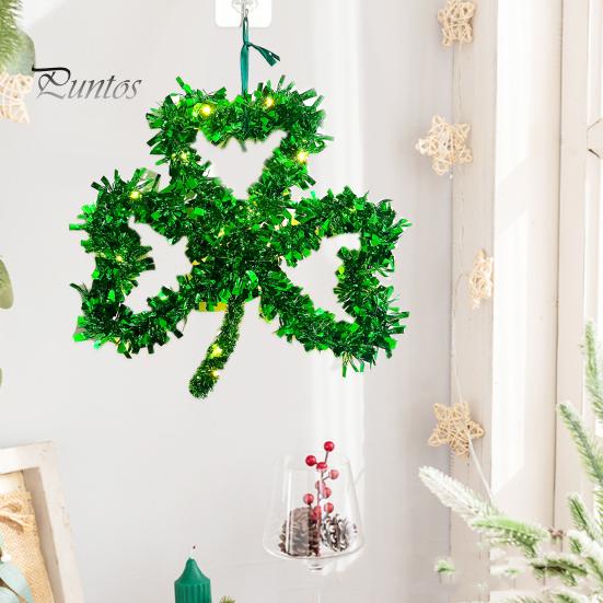 Tinsel Clover Wreath St. Patrick's Day Decoration Lucky Shamrock Door Swag for Festive Walls Mantel Celebrations Decor
