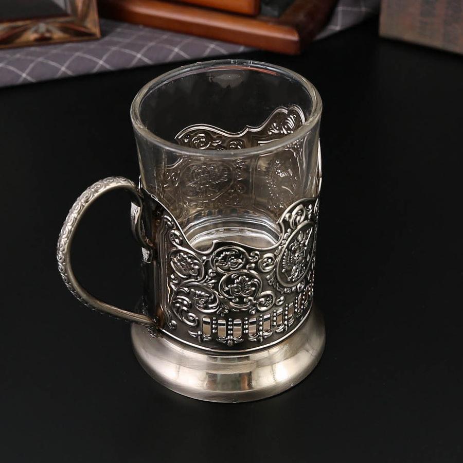 Vintage Russian Style Glass Cup With Embossed Metal Holder Retro Whiskey Tea Mug Home Bar Decor Business Souvenir Gift
