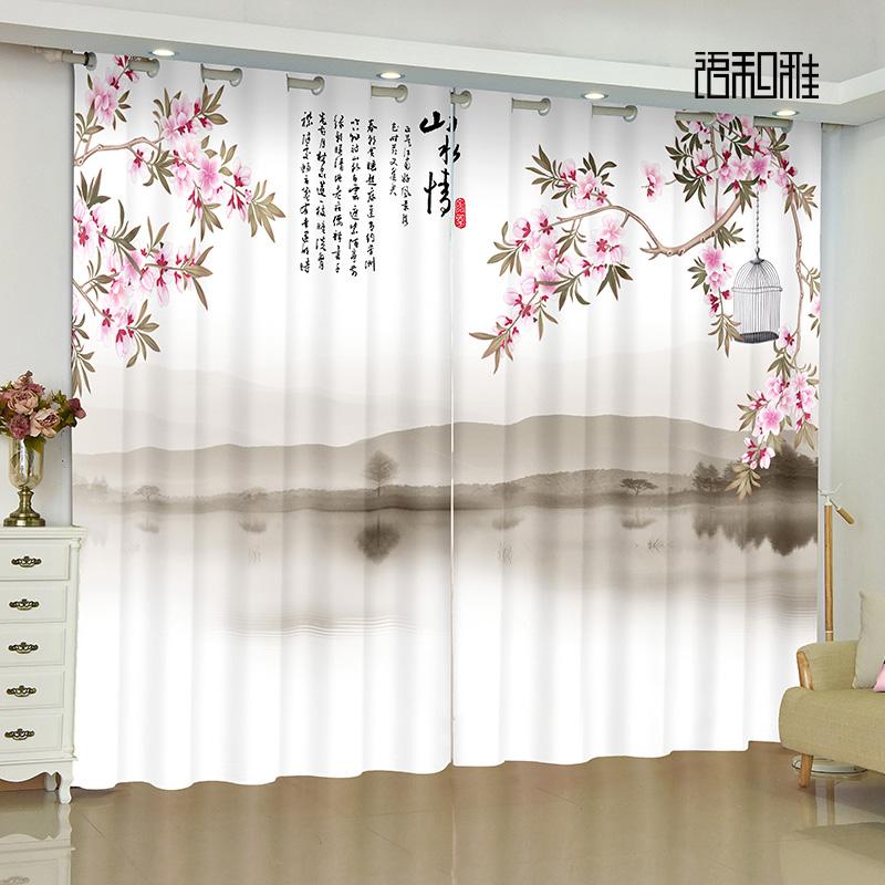 2-панельная новая китайская занавеска с изображением цветов, птиц, пейзажей, картин, напечатанная занавеска для спальни, гостиной, кухни, окна, шторы