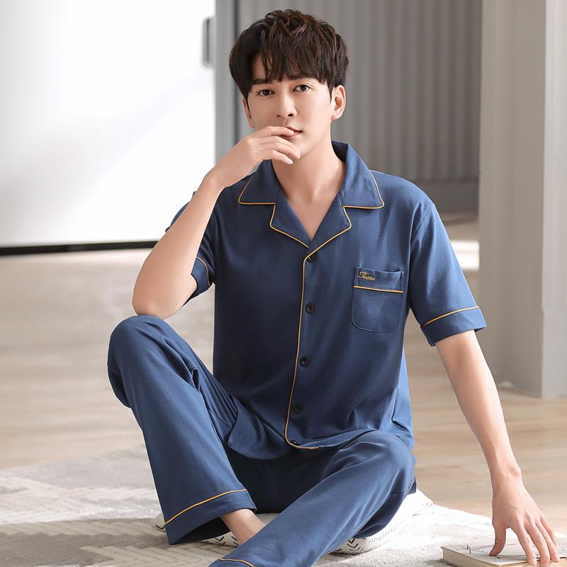 Летняя мужская пижама с коротким рукавом и длинные брюки, мужская домашняя одежда, кардиган больших размеров из хлопка для папы среднего возраста, пижама для мужчин