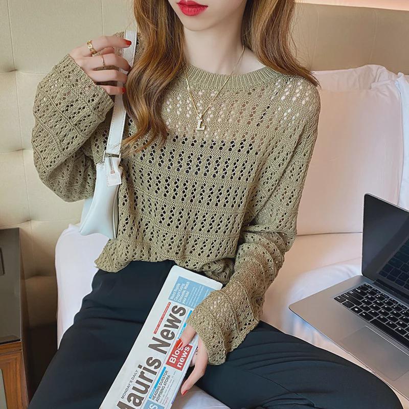 Женский свитер Hollow Knit, ранняя осень 2024 г. — свободный крой, длинный рукав, легкий, идеально подходит для многослойного ношения