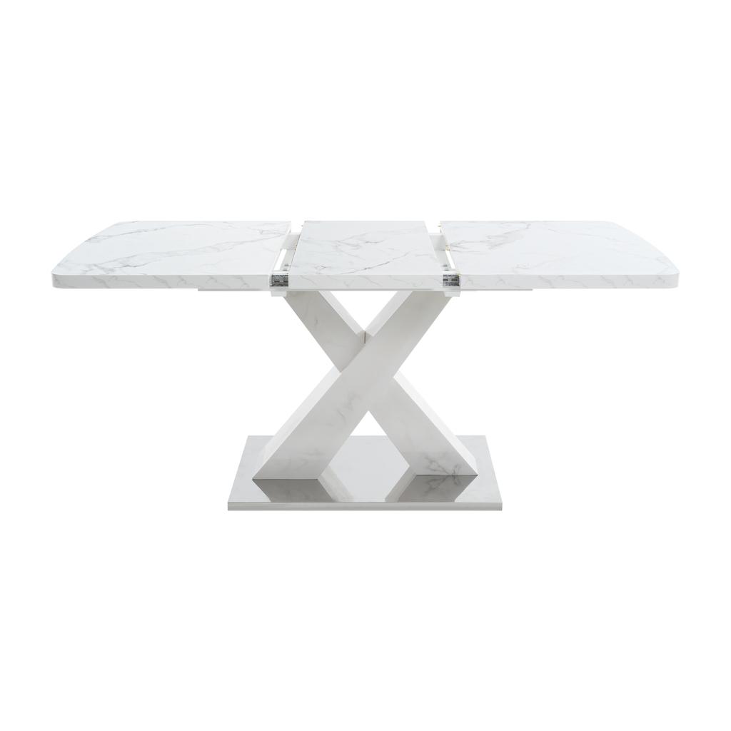 120CM-160CM Modern Rectangle Dining Table, Stretchable, with Printed White Marble Table Top+MDF X-Shape Table Leg with Metal Base