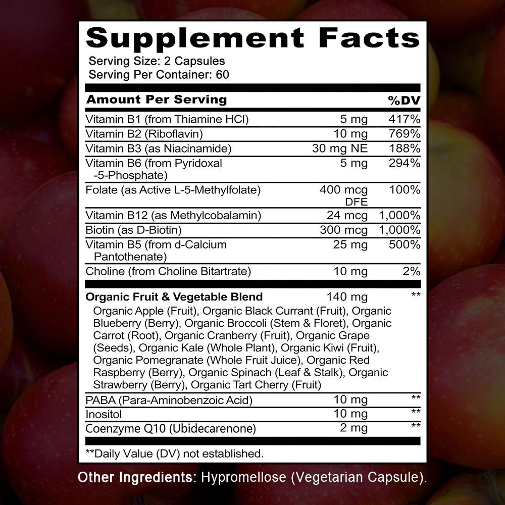 B Complex Supplement, With Organic Apple, Black Currant, Inositol, Coenzyme Q10, 120 Capsules