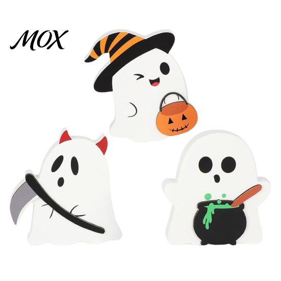 Rustic Halloween Tabletop Decor 3Pcs Sweet Ghost Decor, Wooden Cute Figurines with Candy Freestanding Ornaments Pumpkin & Cauldron, Centerpiece