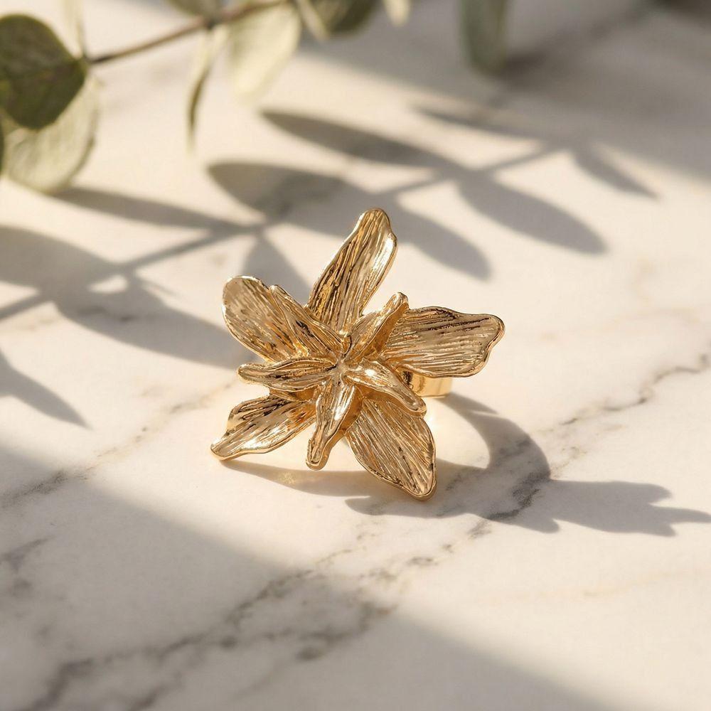 Adjustable Metal Flower Ring Double Layered Irregular Geometric Petal Ring  Trendy