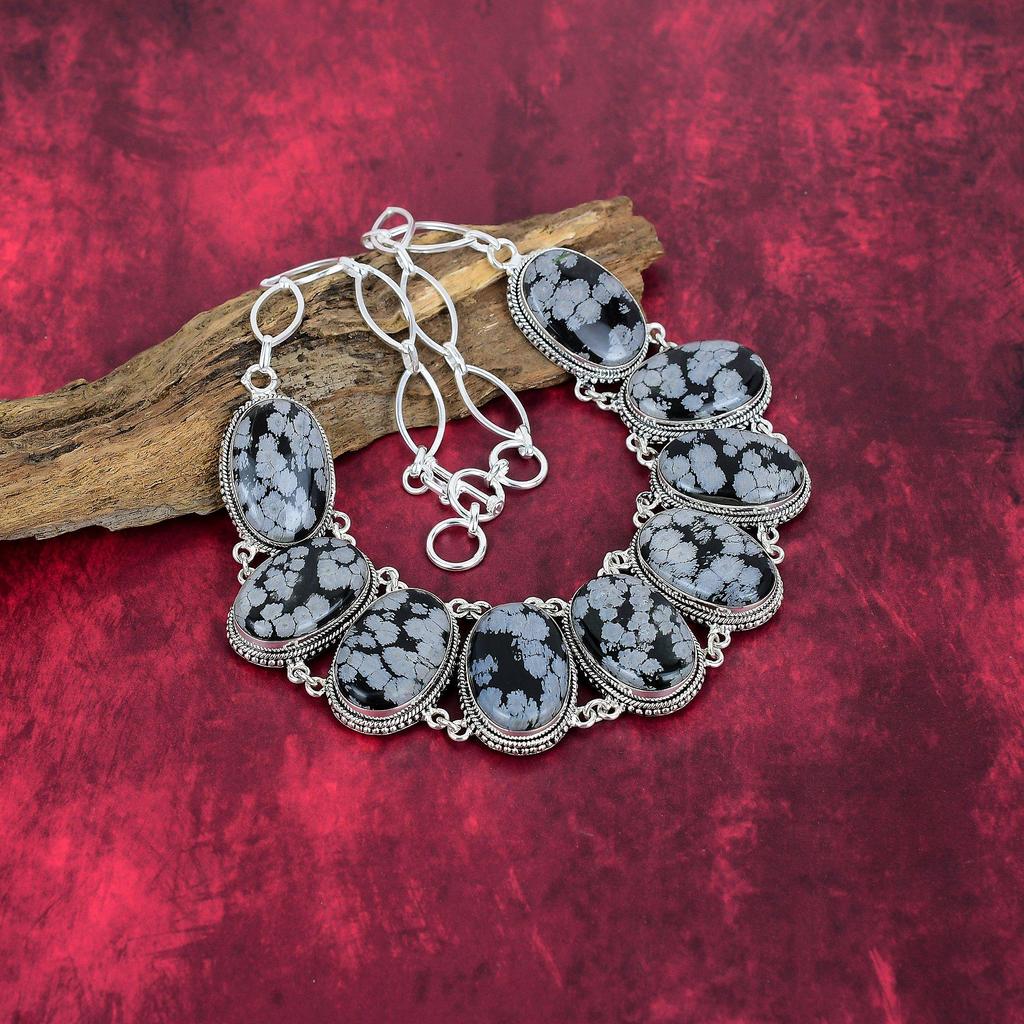 Snowflake Obsidian Handmade Jewelry Set, 925 Solid Sterling Silver Jewelry, Beauteous Unique Design Bracelet & Necklace Set For Her
