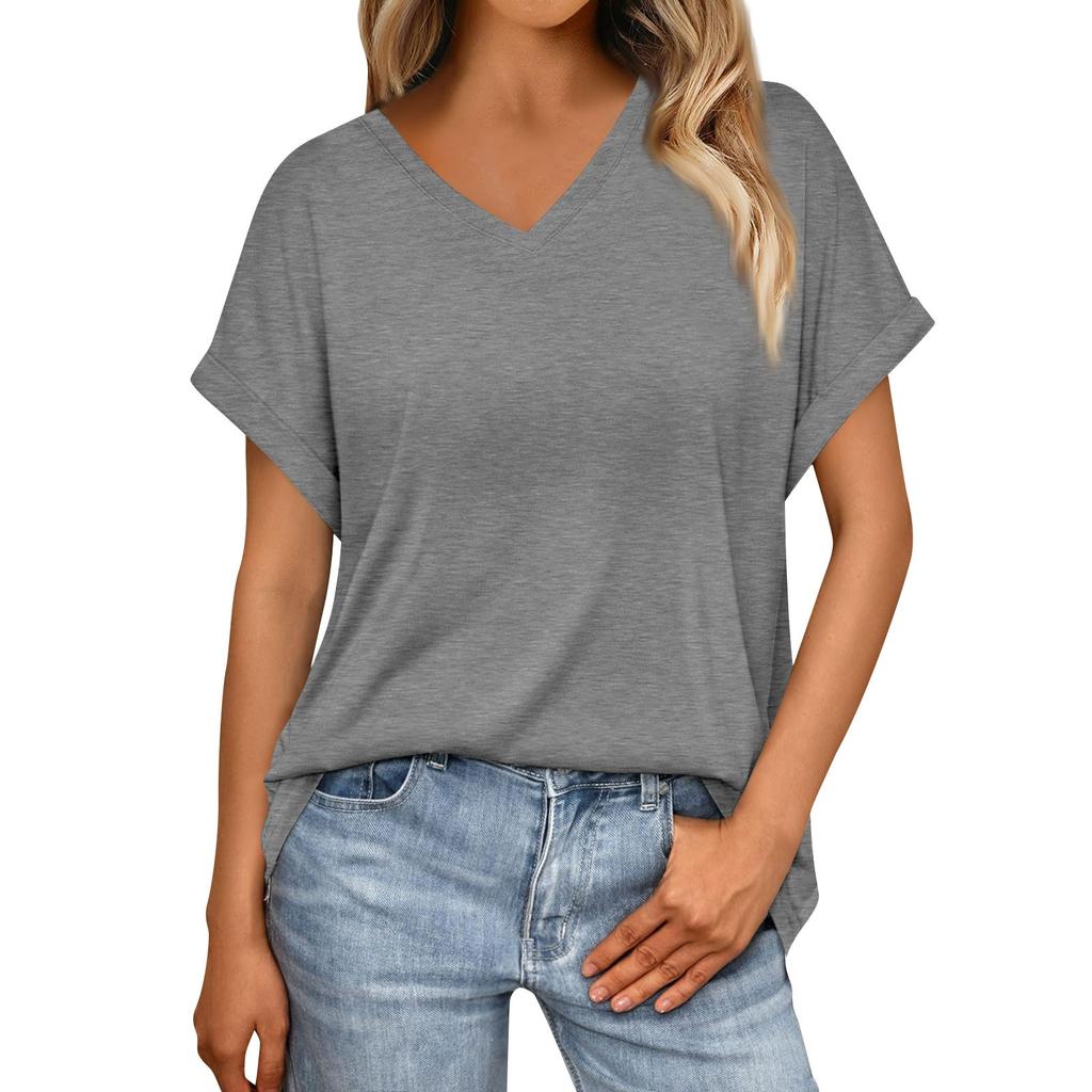 Women's Summer Fashion Solid Color V-Neck Loose Short Sleeve T-Shirt Top