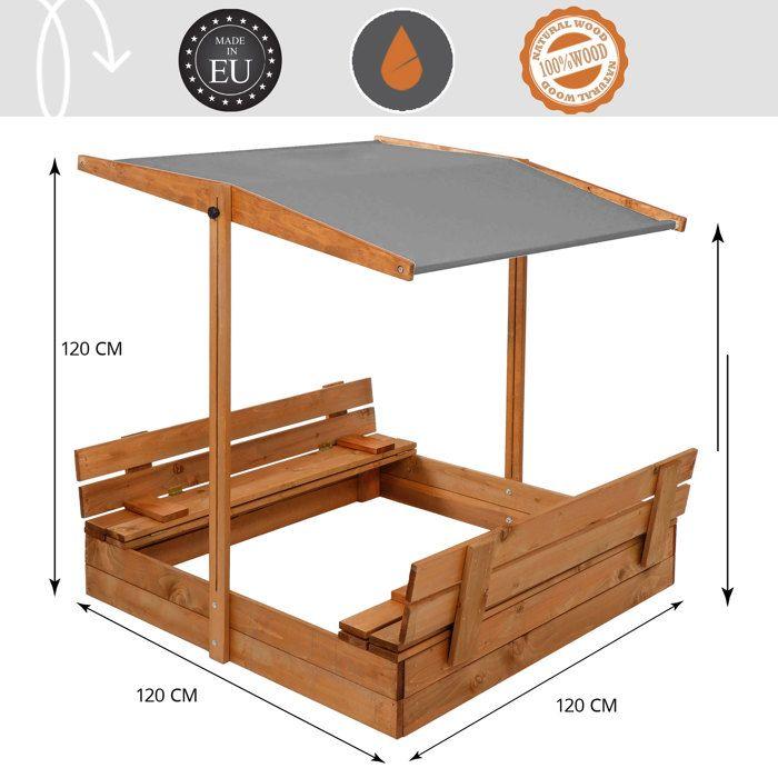Bac à Sable - Springos - 120 x 120 см - Bois Massif - Bancs Pliables - Toit Réglable