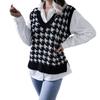 Houndstooth Vest Sweater V Neck Color Block Houndstooth Knitted Sleeveless Sweater for Women Black L