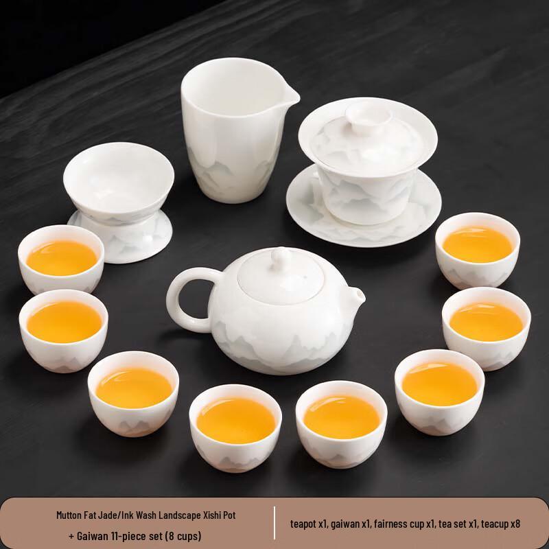 Ink Wash Mutton Fat Jade Ceramic Tea Set