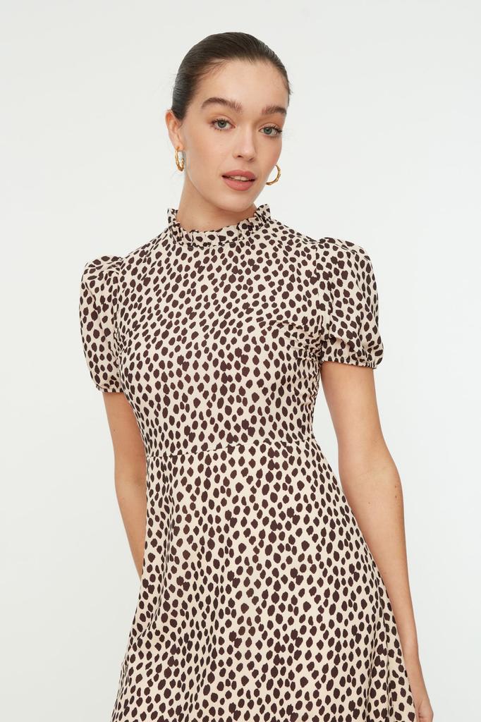 Women's Fashion New Dress Green Floral Patterned A-Line Flounce Lined Midi Woven Dress