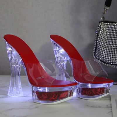 Женские светящиеся тапочки на каблуке 14 см с цветами. Подиум для танцев на пилоне. Серия 10365. Каблук 14 см. Платформа 4 см LFD.