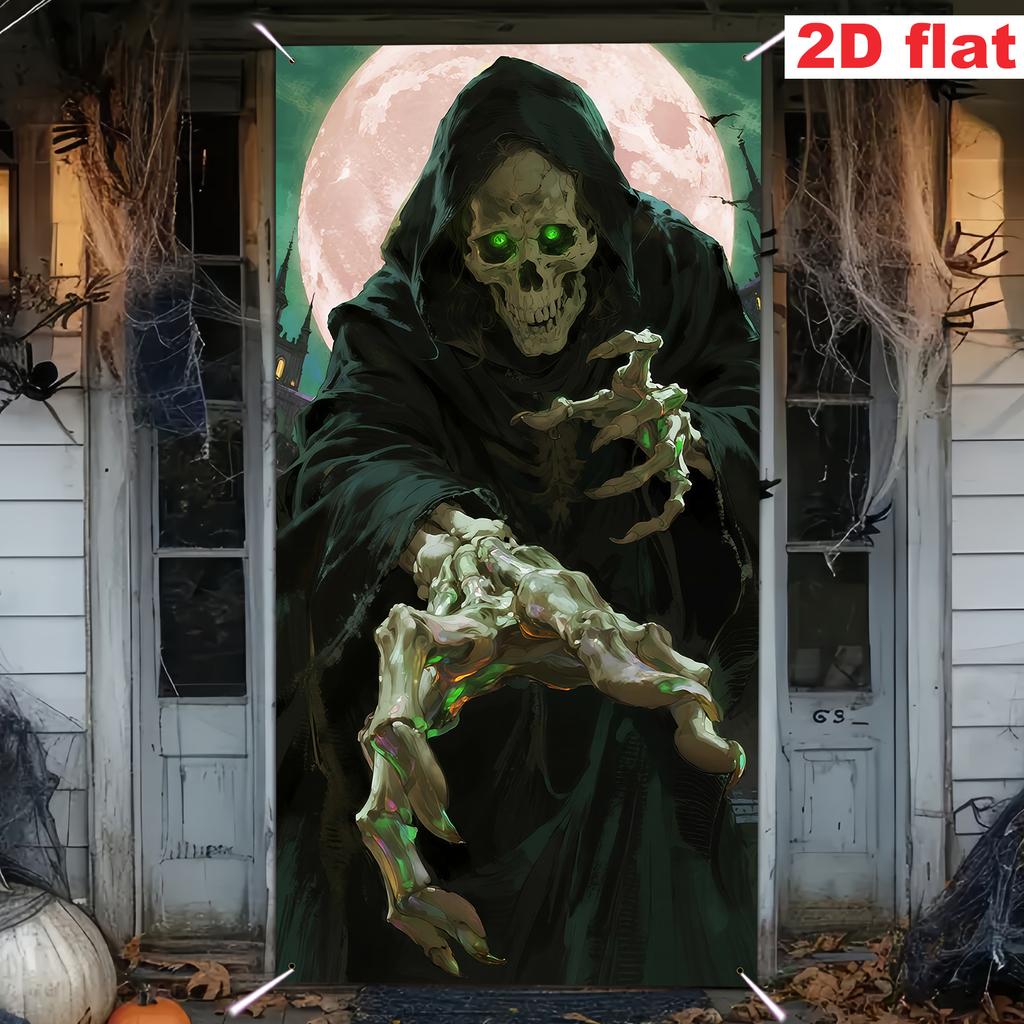 1pcs Halloween door flag with skull green glowing eyes and full moon suitable for indoor/outdoor party decoration