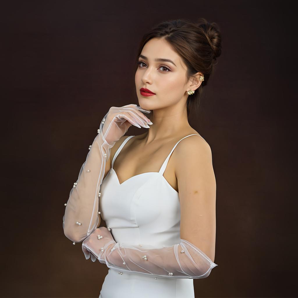 Винтажные прозрачные свадебные перчатки с жемчугом, длинные варежки до локтя, сетчатые нарукавники, женские вечерние аксессуары для свадебного платья, фото VPM07