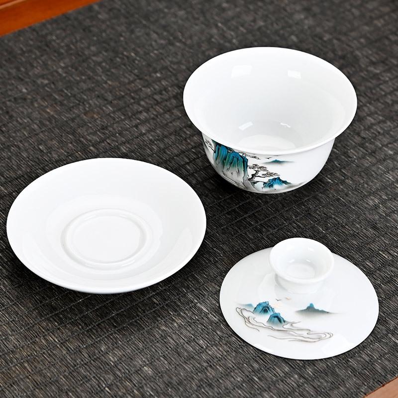 Craftsman Taihui's new high-white household hand-painted gold-painted white porcelain Sancai cover bowl ceramic tea set tea bowl printed tea