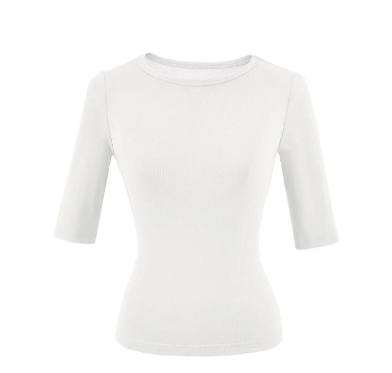 Cashmere medium-sleeved round neck front shoulder T-shirt women's summer new American solid color elastic slim-fit five-quarter sleeve bottoming shirt