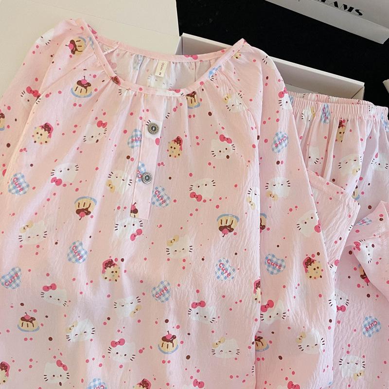 Женский набор пижамы с мультяшным принтом из облачного хлопка – с длинным рукавом, круглым вырезом, больших размеров, для ношения на улице