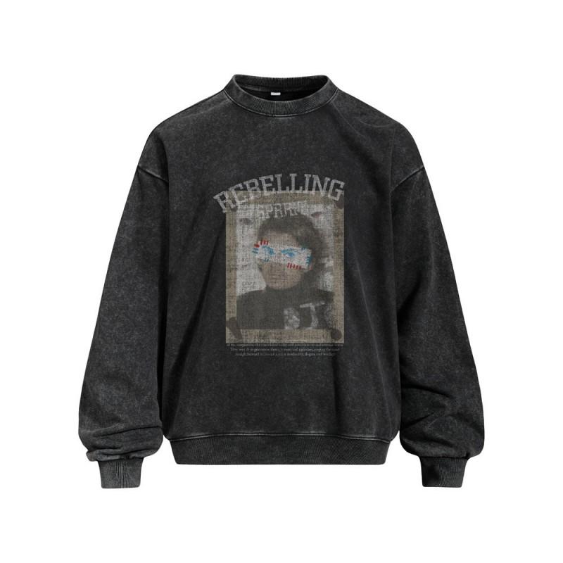 Mens Oversized Crewneck Sweatshirt With Vintage Washed Graphic Print Streetwear Casual Pullover Fall