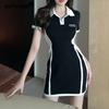 Summer Women Contrast Color Patchwork Polo Collar Bodycon Y2K Mini Dress Trendy Appliques Short Sleeve Sport Casual Dresses Ropa