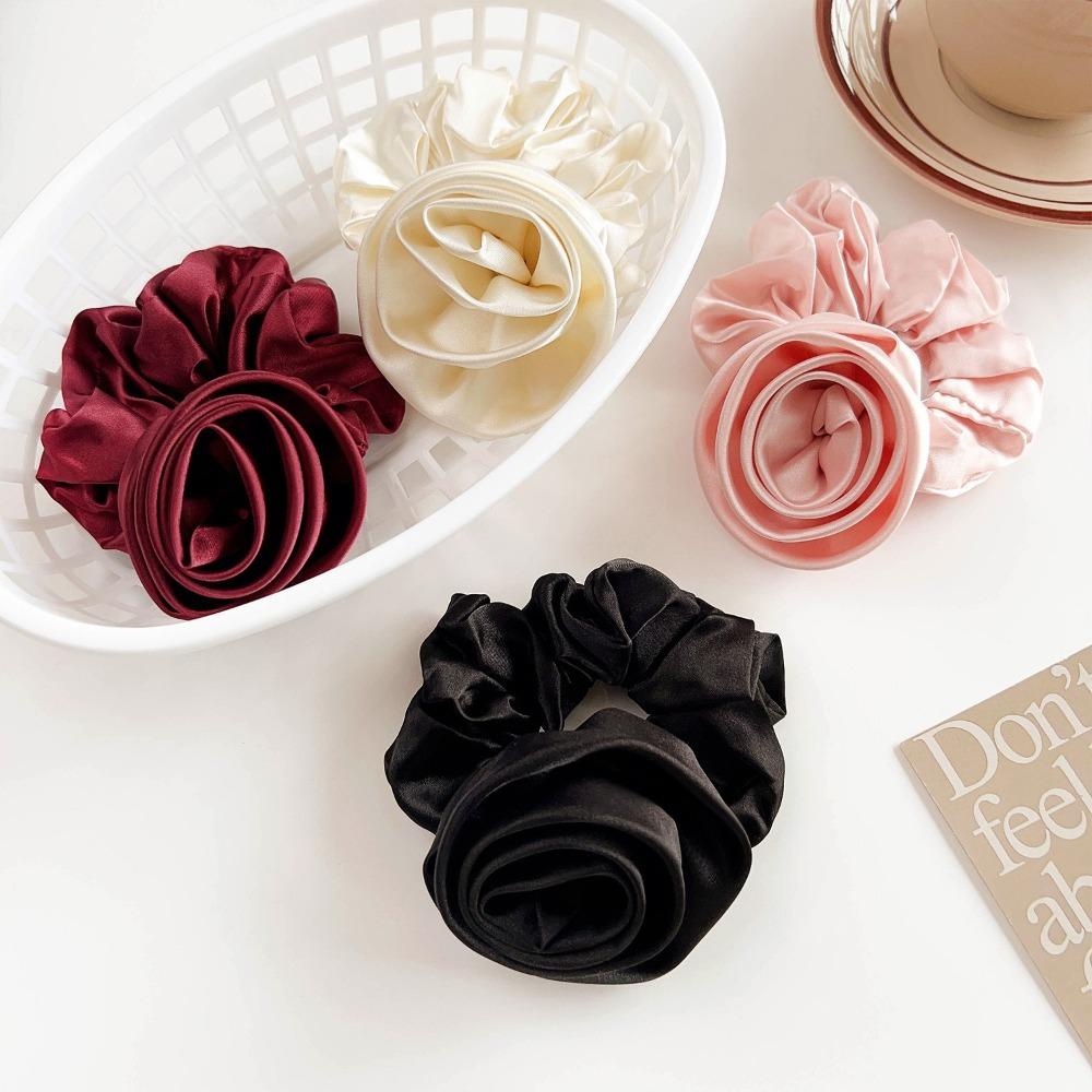 Flower Design Korean Hair Bands Satin Material Big Flower Scrunchies Satin Hair Rope Korean Style
