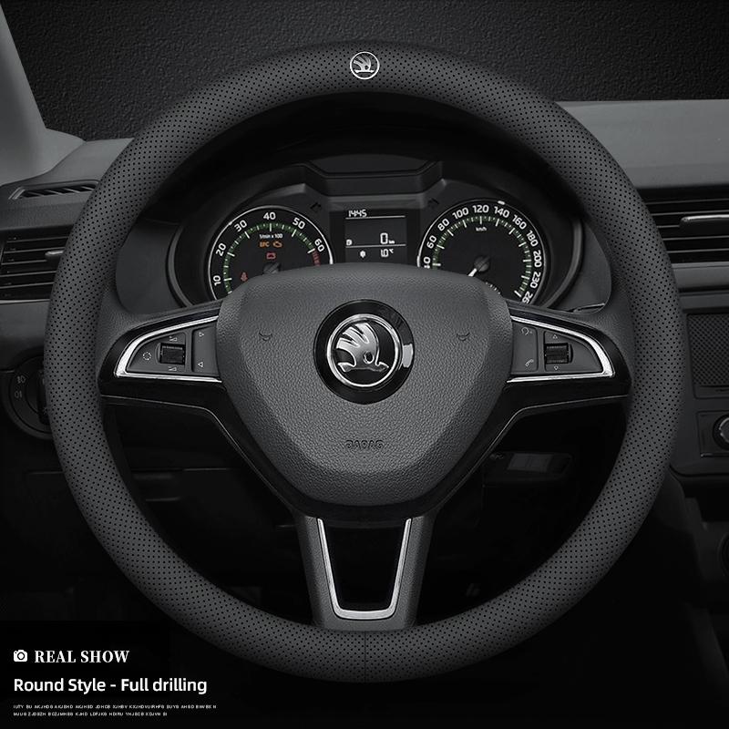 gaxjz5 Car Leather Steering Wheel Cover Anti-slip Accessories For Skoda Yeti Kamiq Kodiaq Karoq Octavia Fabia Rapid Vrs Superb A4 Scala