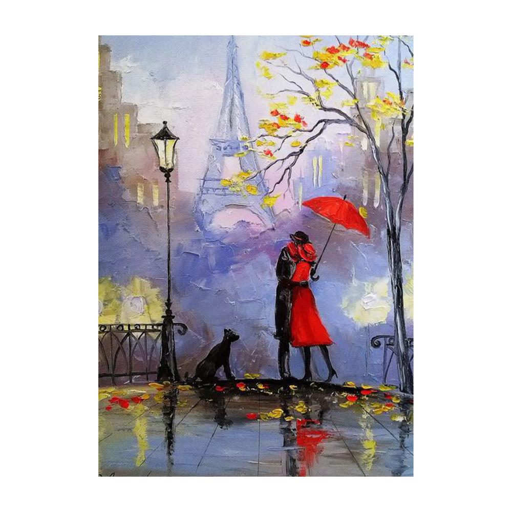 Влюбленная пара с зонтиком, идущая по улице, Эйфелева башня, холст, картина маслом, постер, осенний пейзаж, настенное искусство, домашний декор