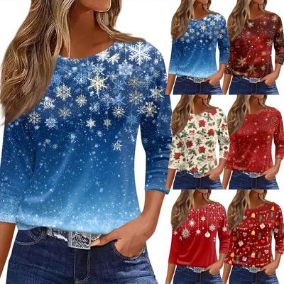 Женская футболка с рождественским принтом, рукав 3/4, повседневная, модная, на выходные, базовая, с круглым вырезом, стандартный топ