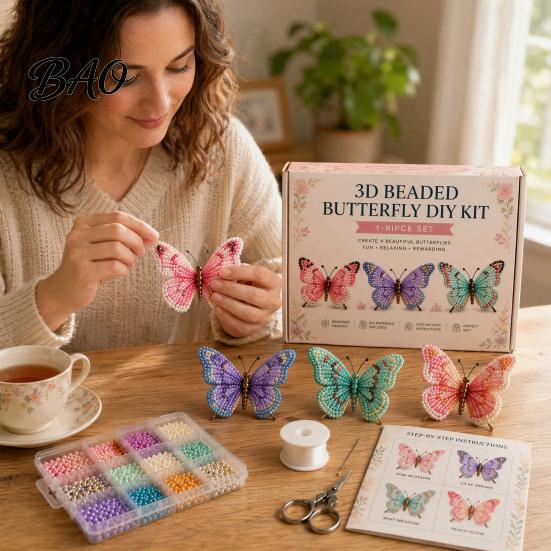Beaded Animal Figurines 3D Butterfly Craft Kit, Tiny DIY Handmade Art Set Kit with Instruction, Cute 4-Pack Butterflies Beadwork for Beginners,