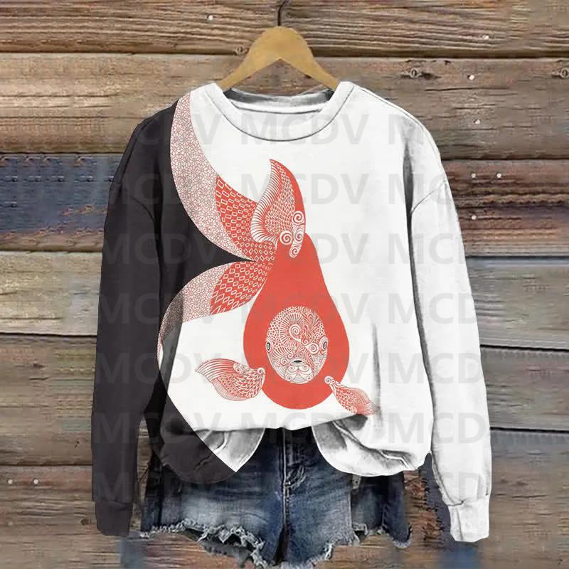 Japanese Crew Print Wave Koi Neck Sweatshirt 3d Printed Women Casual Pullover