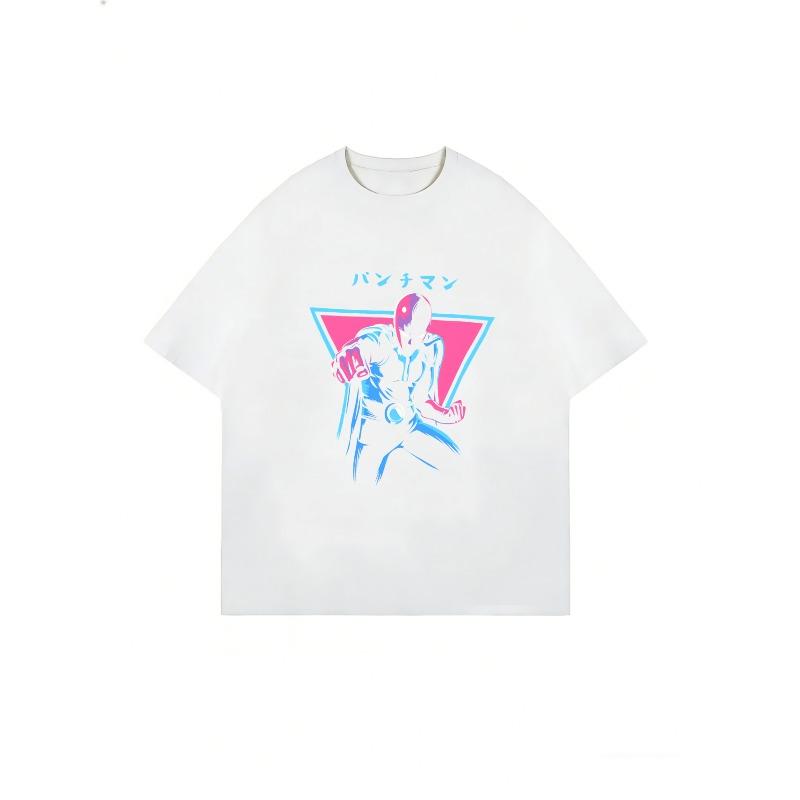 Оверсайз футболка Черная с принтом персонажа аниме Человек-удар с японским текстом Повседневная уличная одежда для женщин