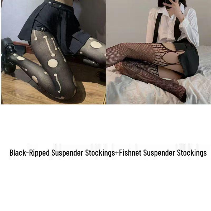 Винтажные черные шелковые чулки-сетка на подтяжках - Тонкие, рваные выше колена для весны и осени