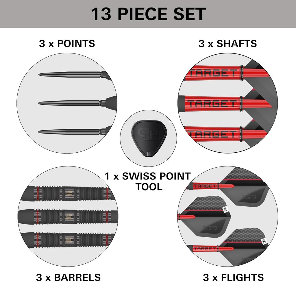Target Darts Scope Steel Tip Swiss Point Tungsten Dart Barrel Steel Tip Darts Red Black Professional Dart Set with Swiss Points Tools Darts, 90% Set,