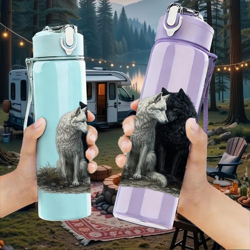 1PC Two Wolf Snuggle Dark Animal Print 750ml Color Plastic Sports Water Bottle Leakproof Flip Straw Lid Suitable for Sports Office Home Use