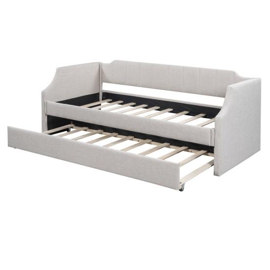 90x200cm Folding Bed Cotton Linen Fabric Day Bed with Pull-out Bed Headboard Strong Wood Slat Support Bed Home Furniture,