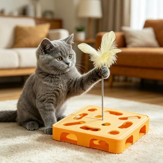 Interactive Puzzle Toy for Cats Puzzle Box with Jingle Balls Spring Feather Wand Cat Enrichment Toy for Indoor Cats Mental Stimulation And