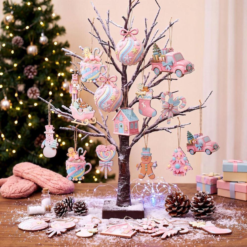 Retro Pink Christmas Hanging Wooden Ornaments Xmas Tree Pendant Decor Holiday Home Garden Party Celebration Gift Items