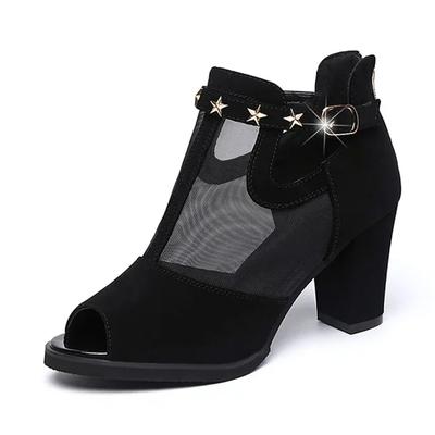 2025 Летняя обувь Женские босоножки с открытым носком Элегантные женские туфли на высоком квадратном каблуке 8 см Модные туфли для вечеринок Черный Красный D258