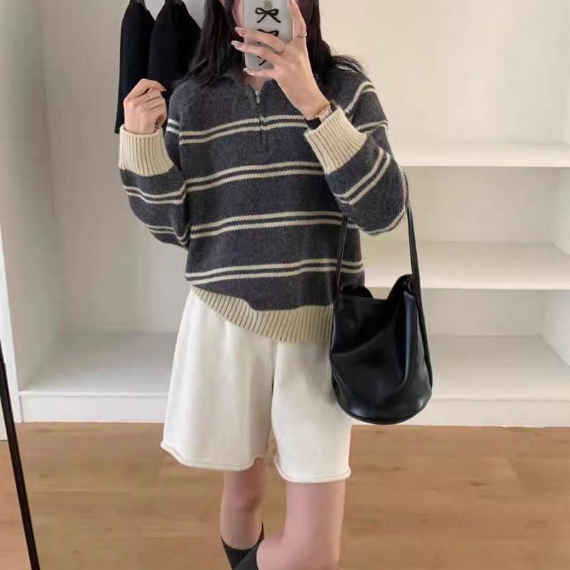 Korean Vintage Ribbed Collar Striped Colorblock Half-Zip Knit Sweater Women Loose Fit Winter Warm Pullover