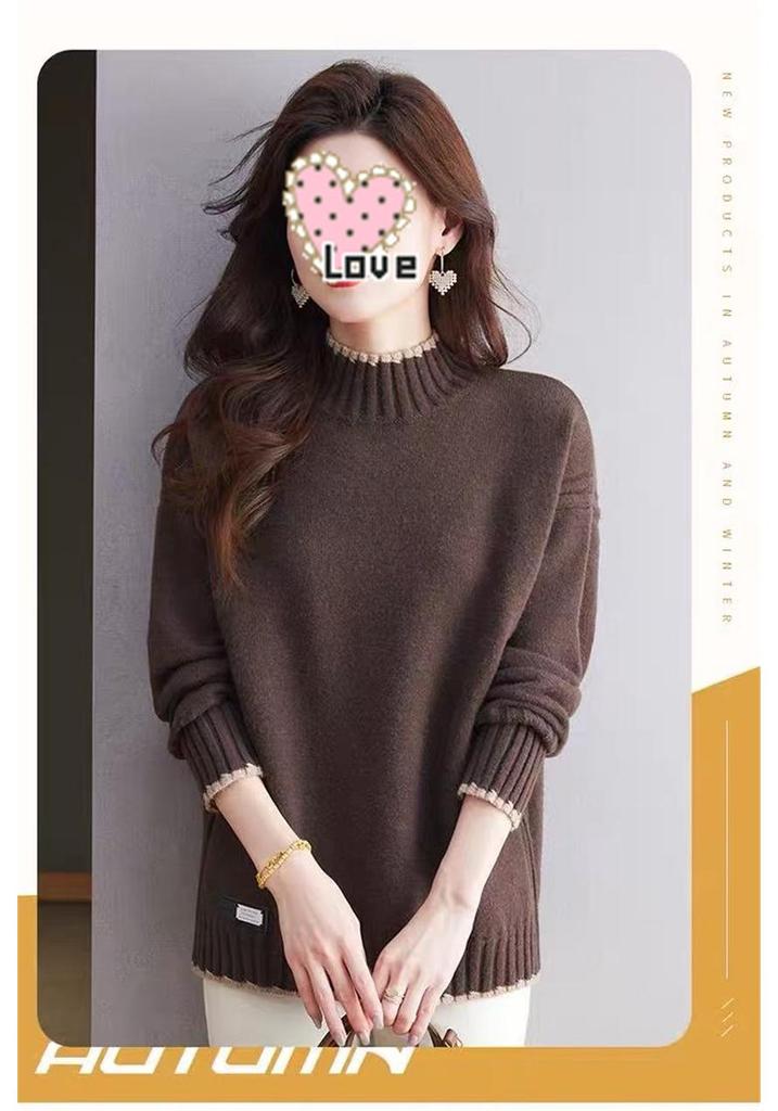 Plus Size Color Block Half-High Neck Sweater - Women's Loose Autumn/Winter Knit Pullover