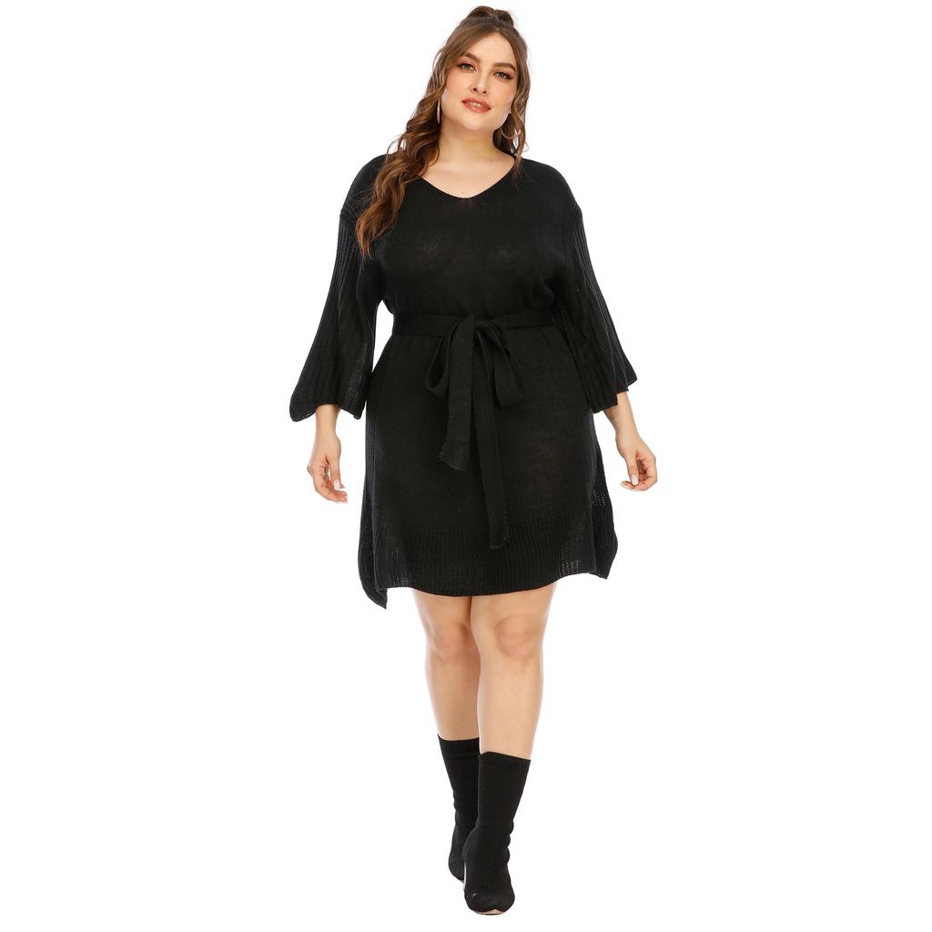 Женские осенне-зимние платья-свитера с расклешенными рукавами и завязками на талии