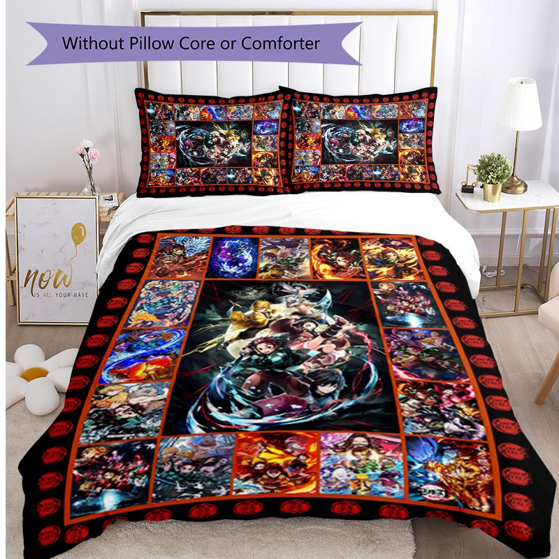 Demon Slayer Pattern Printed 3PCS Bedding Set, Soft Skin-Friendly Washable Duvet Cover & Pillowcases Set