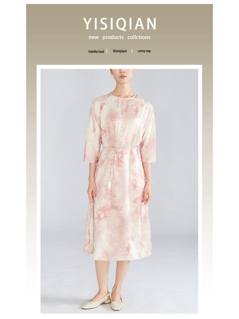 Платье миди ручной работы из жаккарда тутового шелка с принтом тай-дай - в китайском стиле, с круглым вырезом, скошенной планкой, рукавом семь восьмых