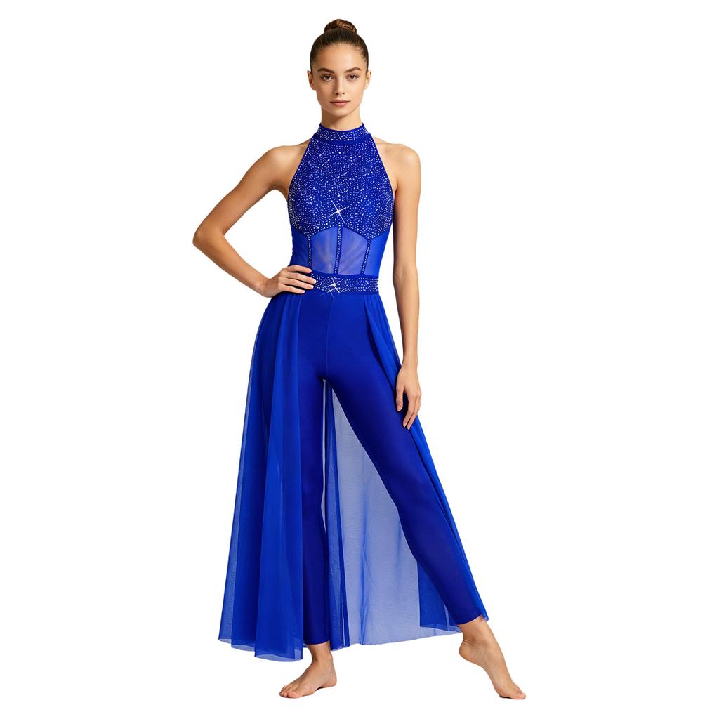 Women Lyrical Dance Unitard Glitter Rhinestone Halter Backless Sheer Waist Tight Pants Mesh Layer Jumpsuit Flowing Dancewear for Stage Performance