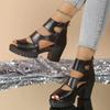 2025 Summer Women's Peep Toe Sandals Platform Buckle Chunky Heels Back Zip Sandals for Plus Size Retro Daily Dress Shoes