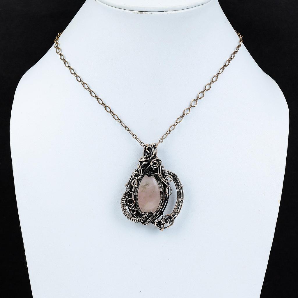 Кулон из розового кварца, медная проволока, кулон с драгоценным камнем, элегантный кулон, ювелирные изделия из розового кварца, медные украшения ручной работы для подарка, достойный кулон