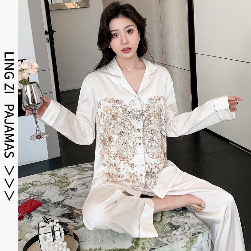 Internet celebrity pajamas women's spring and summer ice silk long-sleeved large-size cardigan set live broadcast explosion butterfly print loungewear